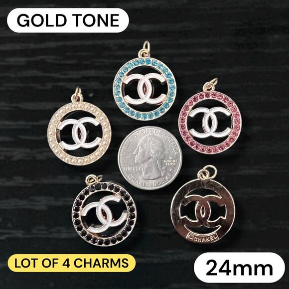 Lot Of 4 CC Round Gold Zipper Pull Button Charm 24mm - Picture 1 of 2